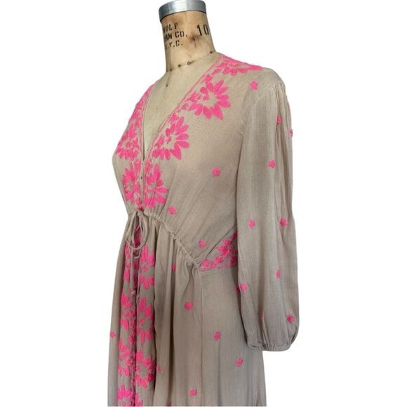 FREE PEOPLE Taupe Maxi Dress with Pink Floral Embroidery Size S - Picture 3 of 12